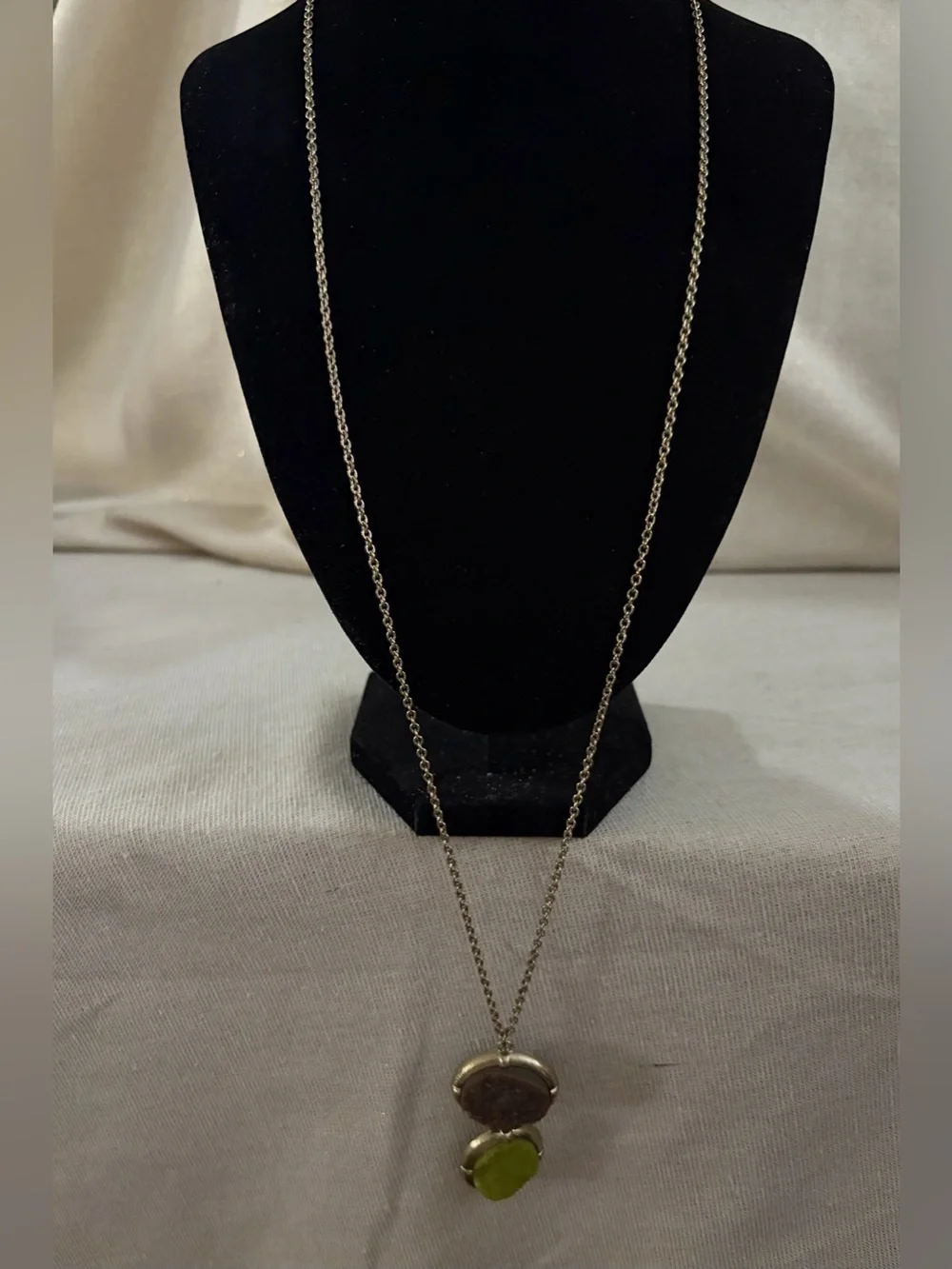 Gold-Tone Long Pendant Necklace with Green Stone